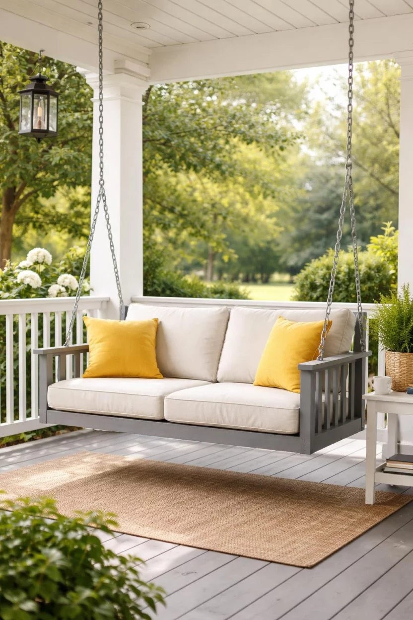 A realistic photo of a front porch featuring a gray wooden porch swing with comfortable cream cushions, hanging from heavy galvanized steel chains, decorated with two yellow throw pillows on a breezy morning.