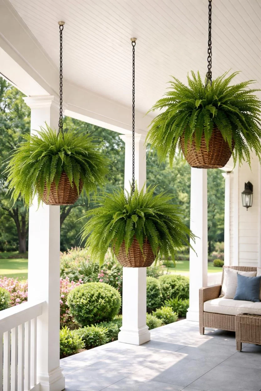 A realistic photo of a front porch ceiling featuring three lush green ferns in hanging brown wicker baskets, suspended with sturdy black metal chains at varying heights to create a natural green curtain.