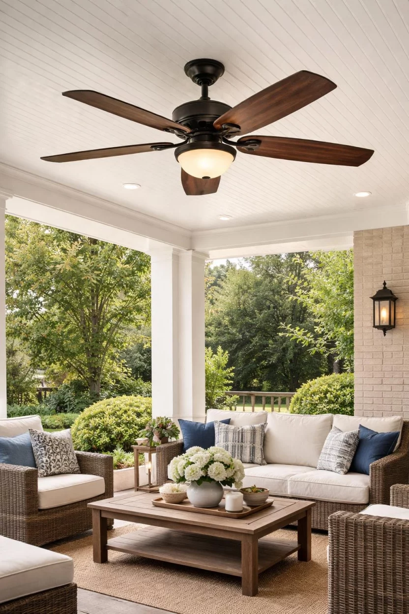 A realistic photo of a front porch ceiling with a large dark wood five blade outdoor ceiling fan with a built in light fixture, spinning slowly over a comfortable seating area.