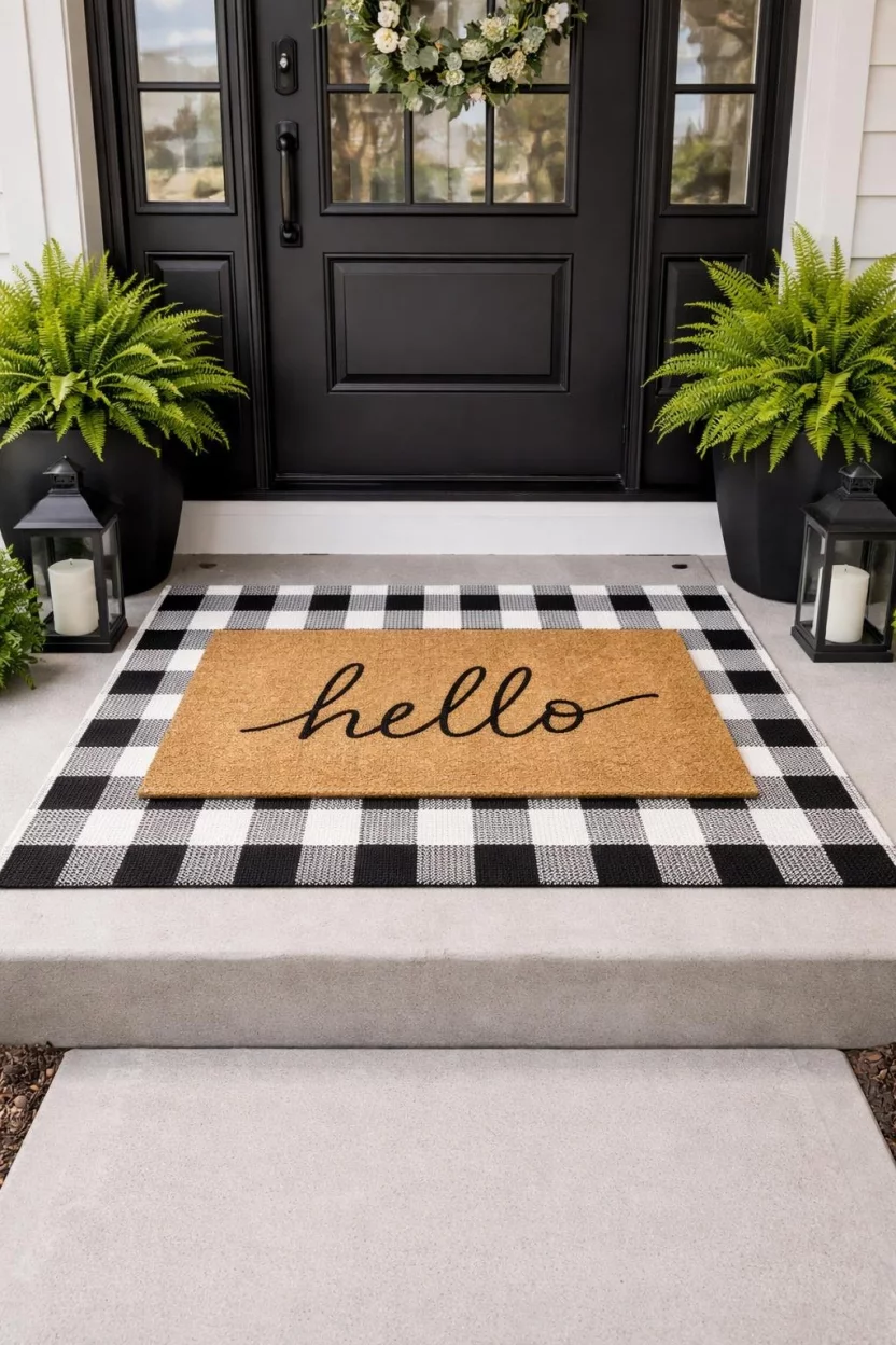 A realistic photo of a front porch entrance showing a large black and white buffalo check rug layered underneath a natural coir doormat with a simple black hello greeting, resting on a clean concrete step.