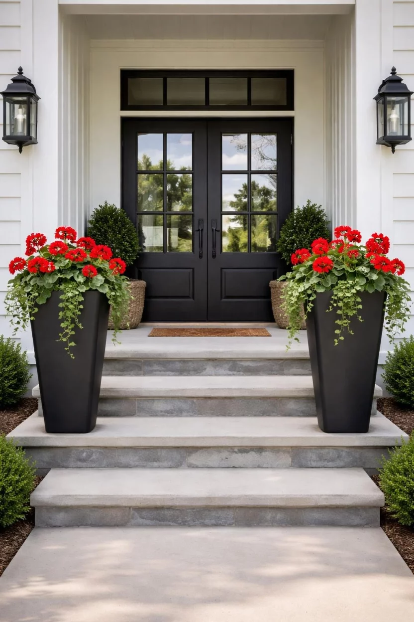 A realistic photo of a front porch stairs flanked by two tall matte black tapered planters containing bright red geraniums and trailing ivy, creating a symmetrical and grand entrance to a modern farmhouse.