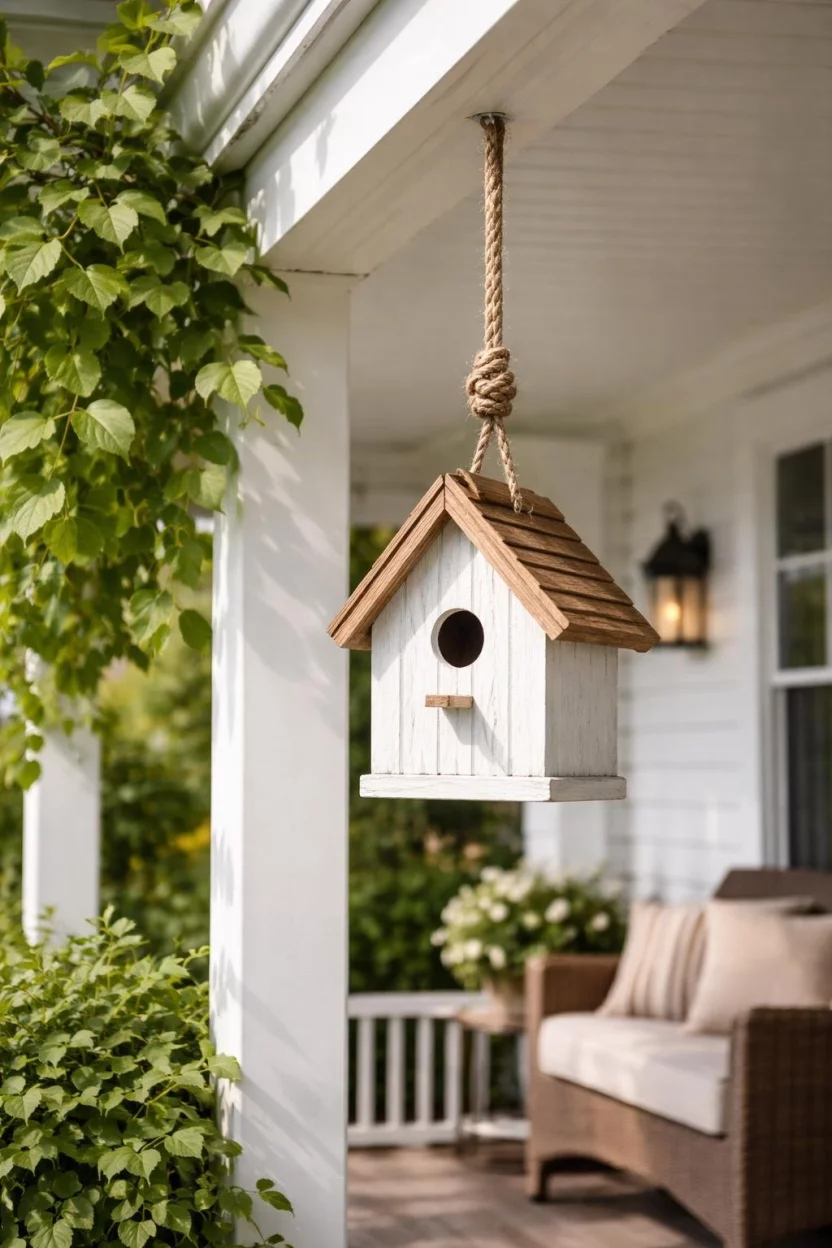 A realistic photo of a front porch corner with a white wooden birdhouse featuring a natural wood roof, hanging from a porch beam by a rustic rope next to a cluster of green leaves.