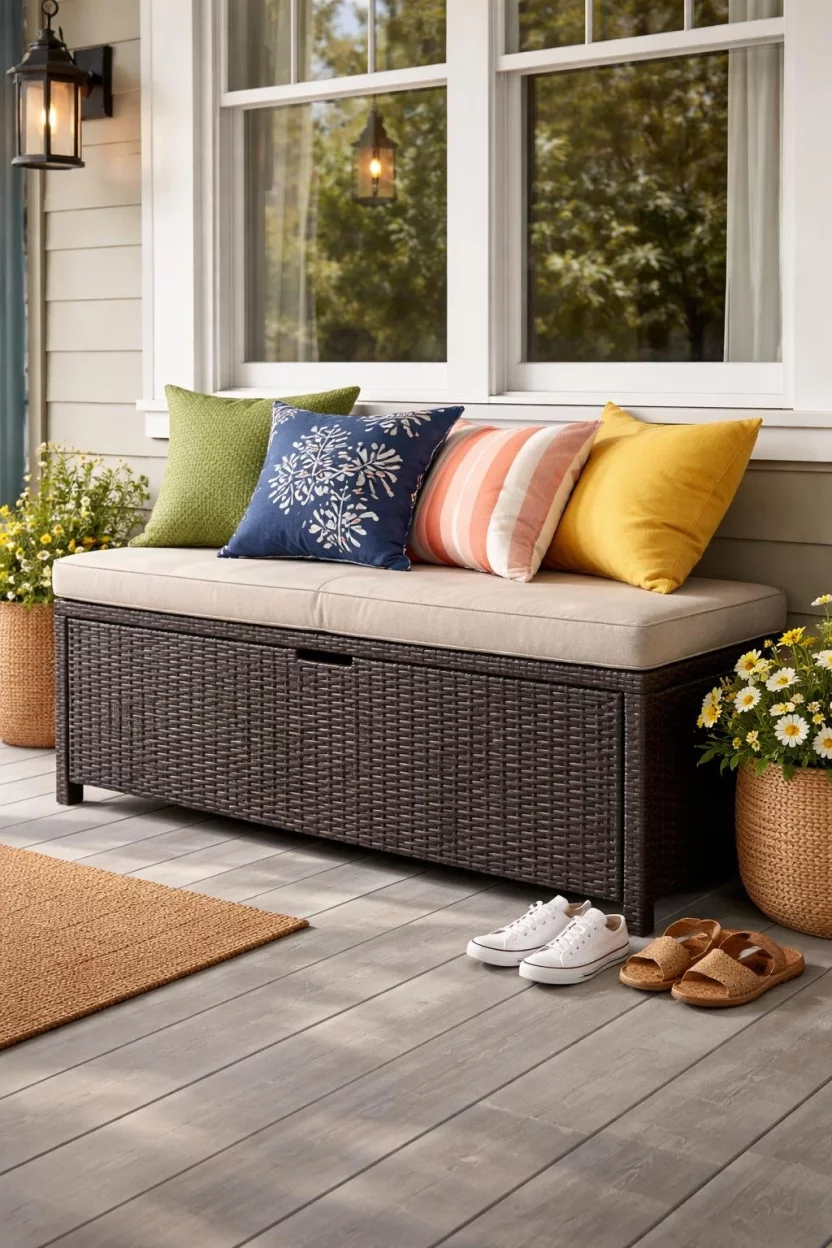 A realistic photo of a front porch with a dark brown resin wicker storage bench topped with a beige cushion, sitting under a window with several colorful pillows and shoes tucked neatly nearby.