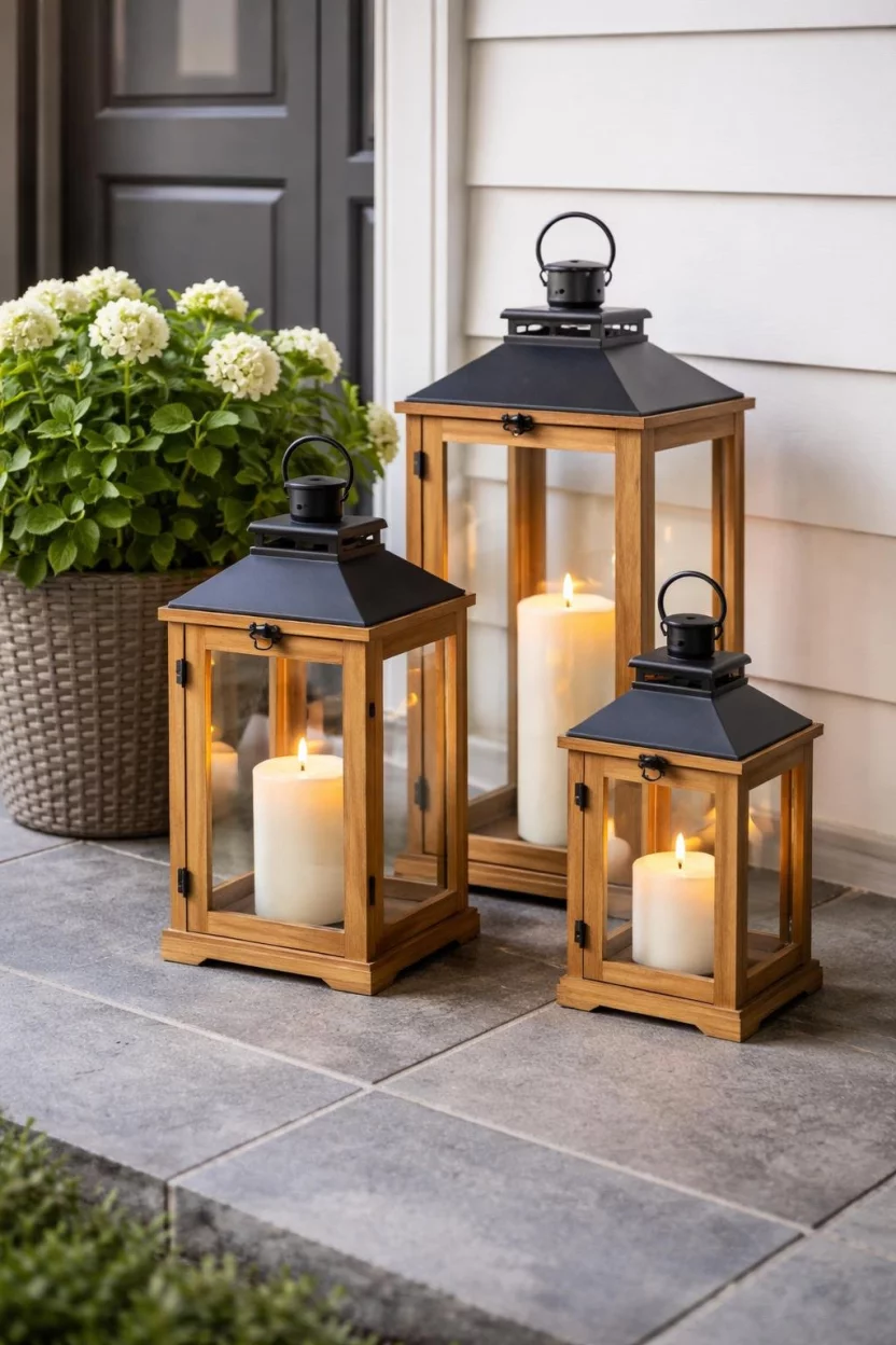 A realistic photo of a front porch corner with a cluster of three various sized natural wood lanterns containing white battery operated pillar candles, resting on a gray stone floor next to a potted plant.