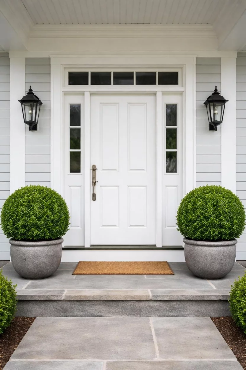 A realistic photo of a front porch with a symmetrical pair of manicured green boxwood topiaries in round gray stone pots, placed on either side of a white front door.