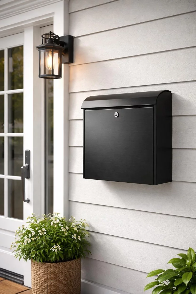 A realistic photo of a front porch wall with a sleek wall mounted black stainless steel mailbox featuring a minimalist design, positioned at eye level near a white door frame.
