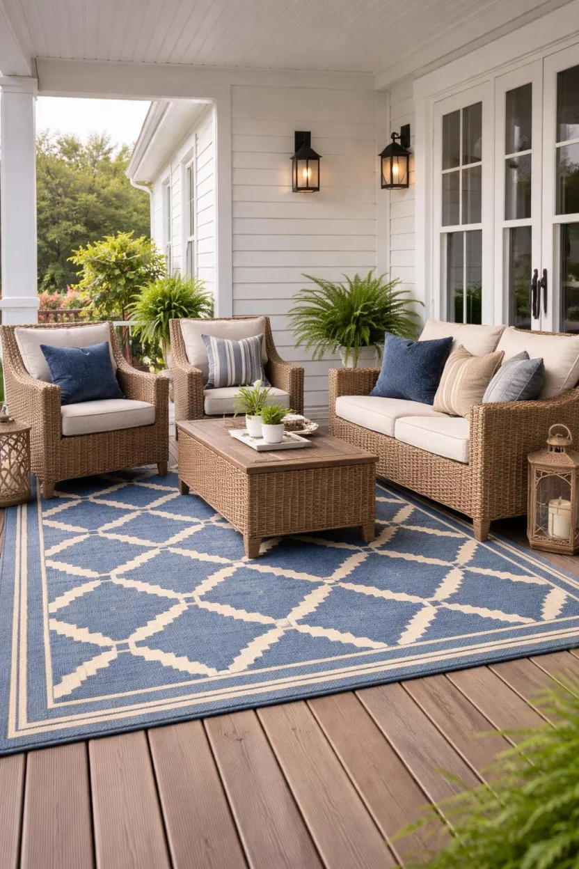 A realistic photo of a front porch seating area with a large blue and beige geometric pattern outdoor rug covering the wooden deck, anchoring a set of wicker chairs and a coffee table.