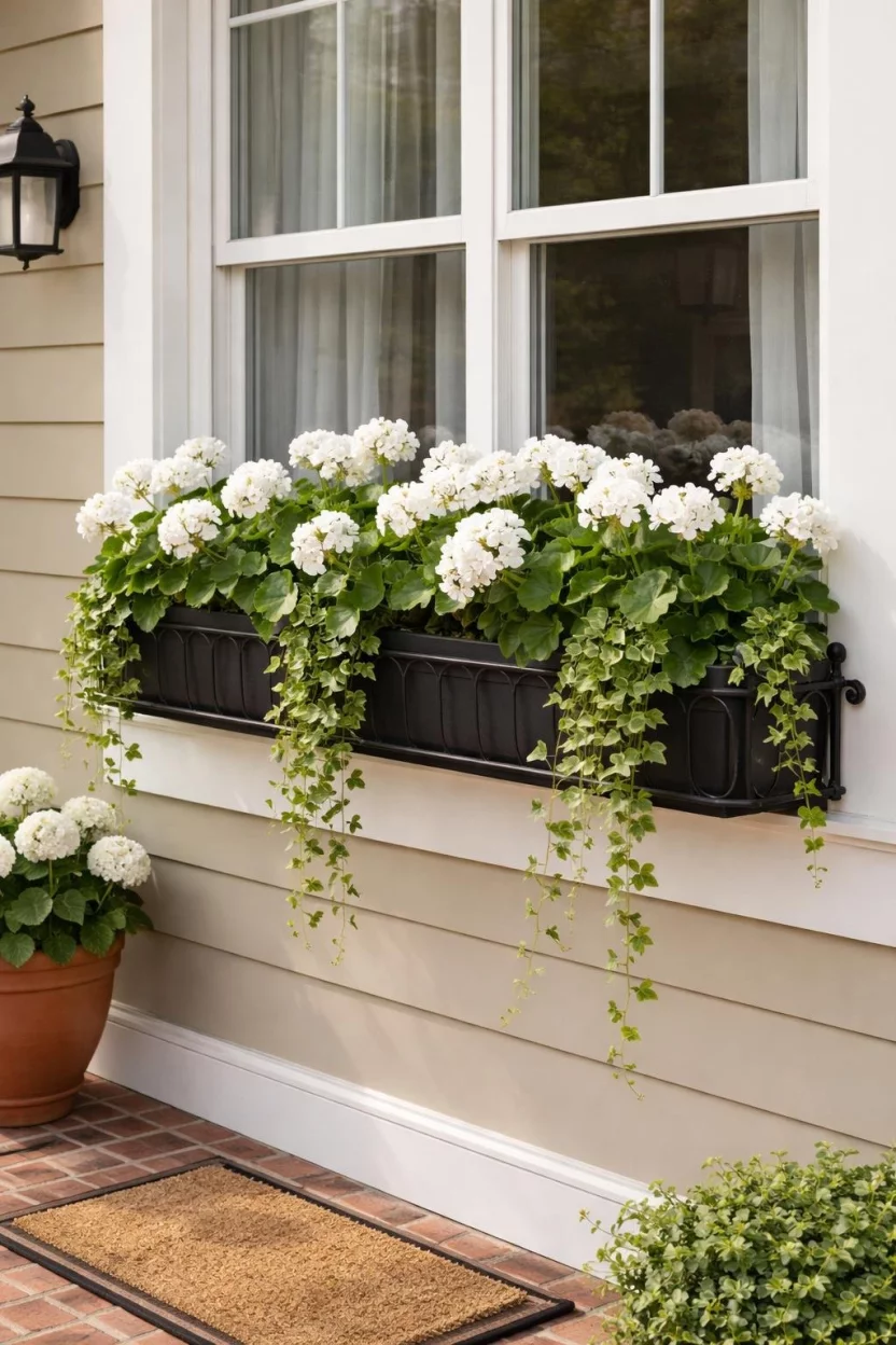 A realistic photo of a front porch window with a long black metal window box filled with white geraniums and trailing green ivy, mounted under the window sill.