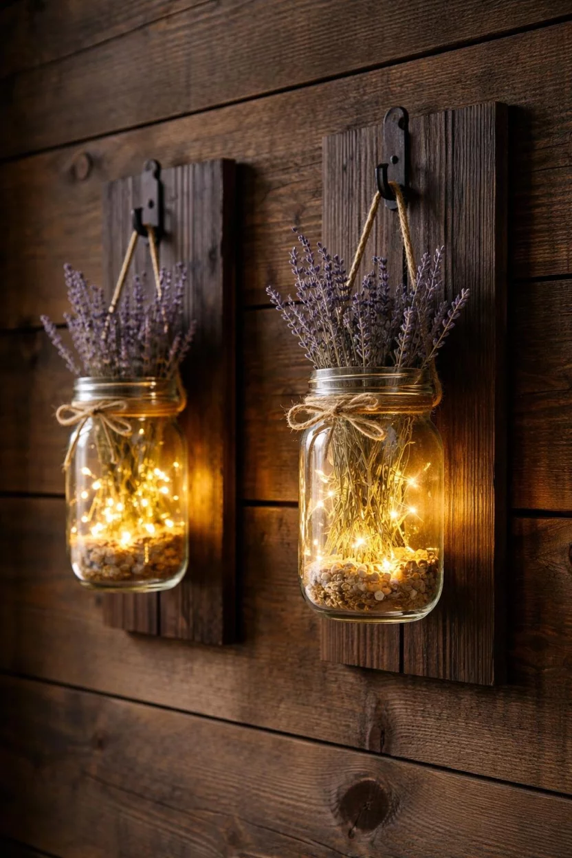 A realistic photo of a rustic wood wall with clear glass mason jar sconces mounted on dark wood boards, containing small warm lights and sprigs of dried lavender.