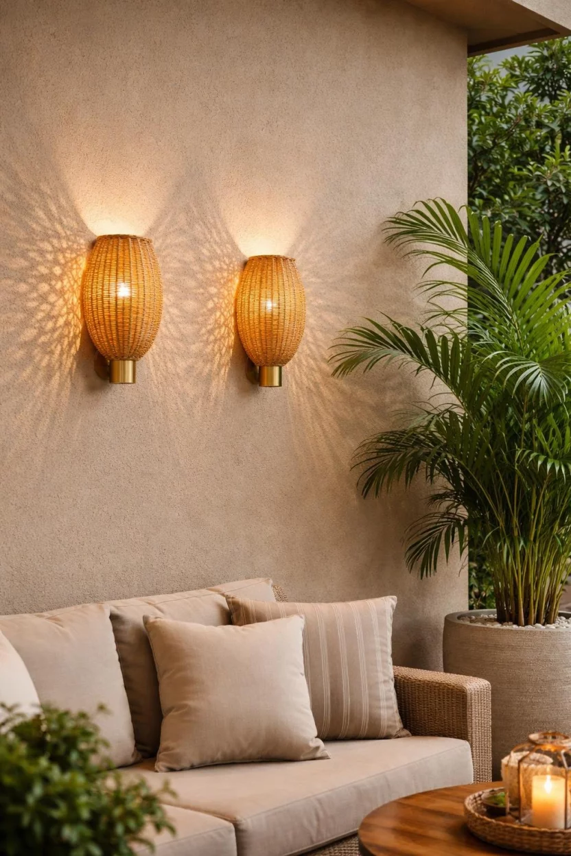A realistic photo of a patio wall decorated with honey colored rattan wall sconces that cast intricate woven patterns of light onto a light tan stucco wall next to a large potted palm plant.