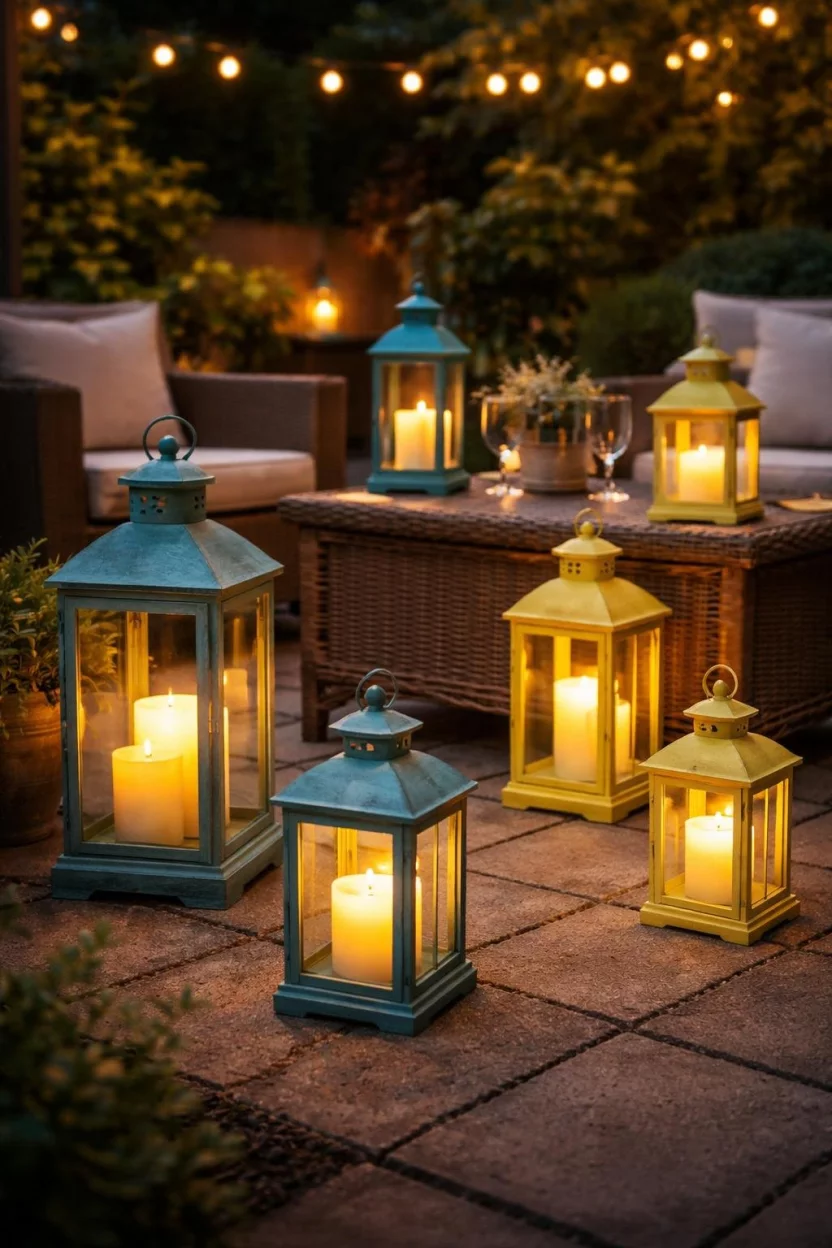 A realistic photo of a patio with several teal and yellow metal lanterns sitting on the ground and tables, containing battery operated candles that glow softly in the dark.