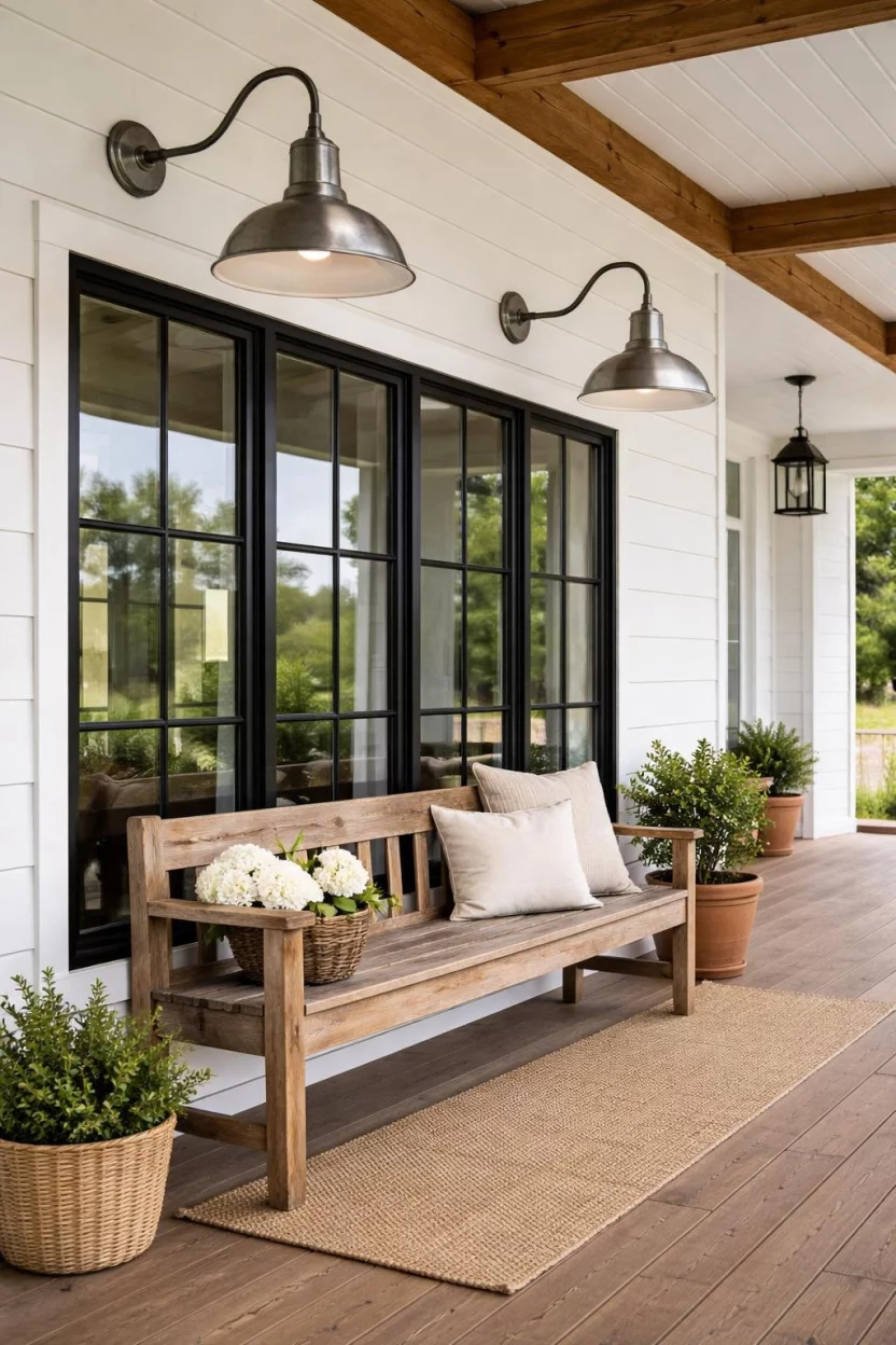 A realistic photo of a farmhouse porch featuring large galvanized steel barn lights with gooseneck arms mounted above a set of black framed windows and a wooden bench.