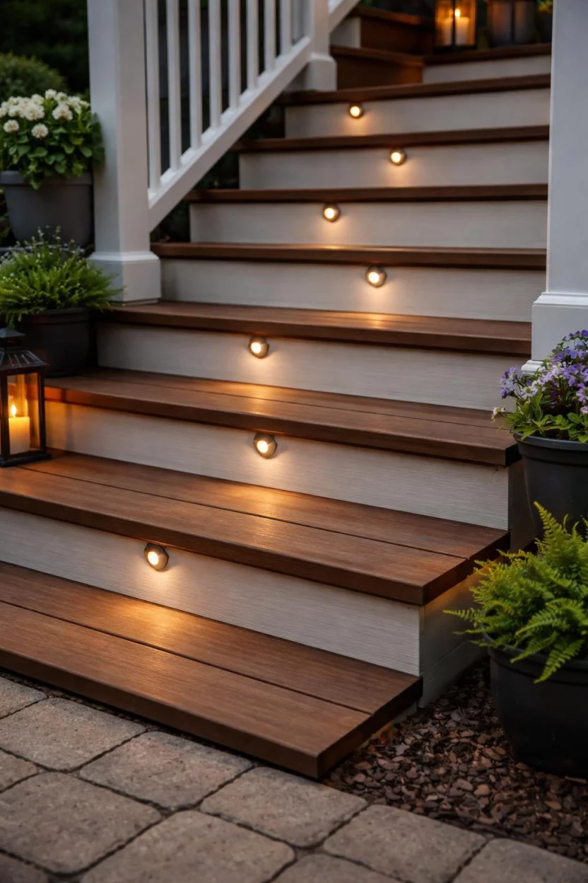 A realistic photo of wooden porch steps with small circular bronze LED lights built into the risers, casting a soft light down onto each step for safety.