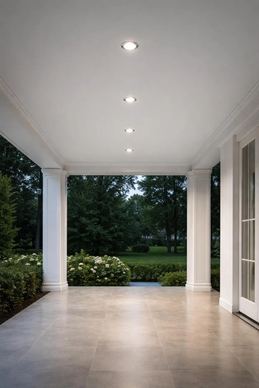 A realistic photo of a minimalist porch ceiling with small silver recessed lights installed in a neat row, providing bright even illumination over a polished stone floor.