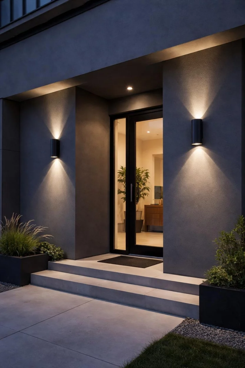 A realistic photo of a contemporary dark grey house exterior featuring sleek black cylinder up and down lights that cast sharp beams of light on the smooth concrete walls near a glass front door.