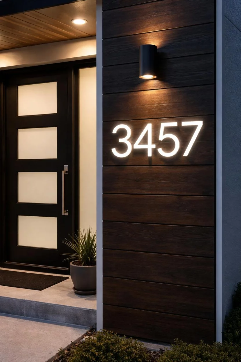 A realistic photo of a modern house wall with glowing white LED backlit house numbers mounted on a dark wood panel next to the door.