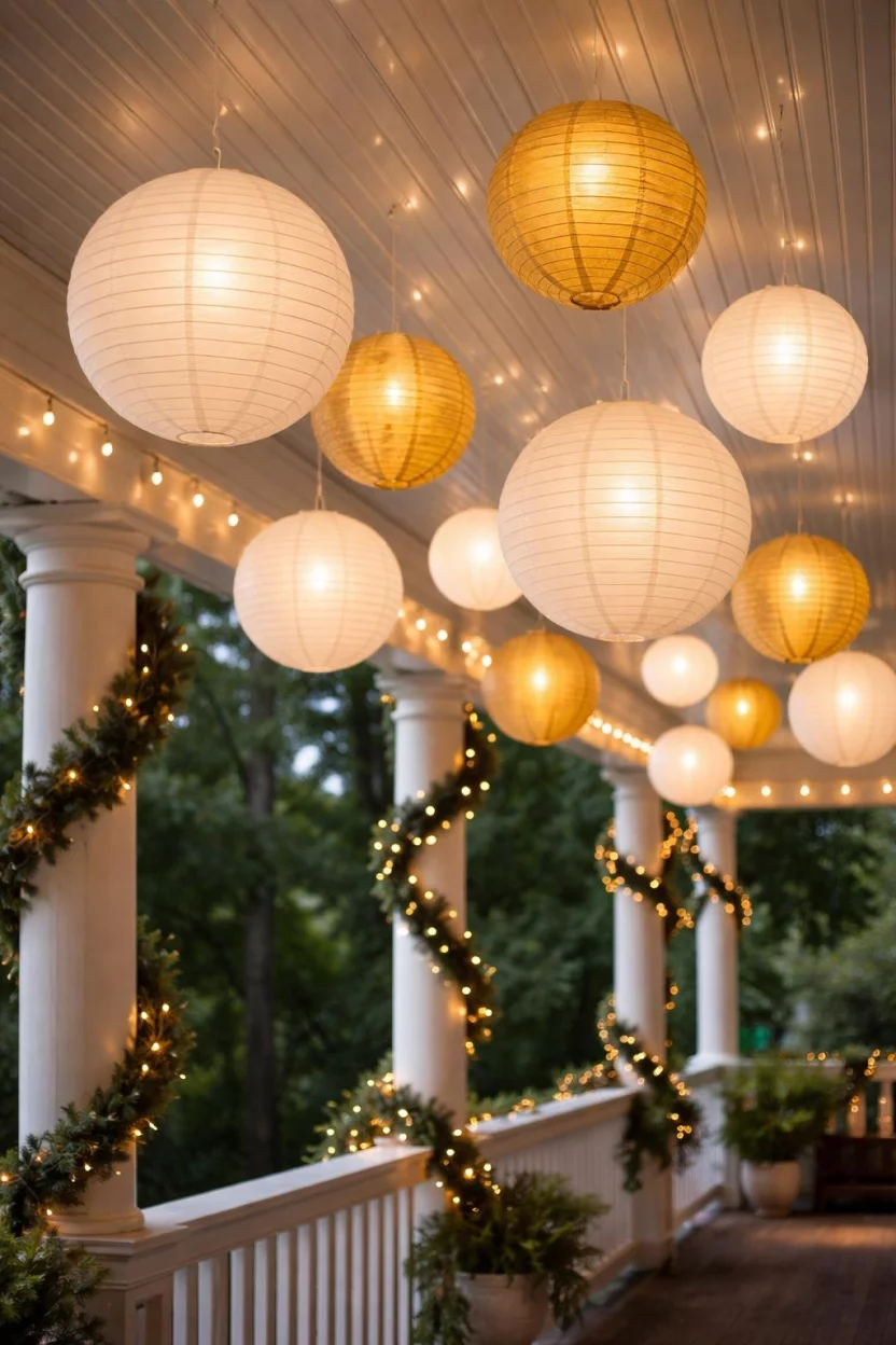 A realistic photo of a porch ceiling decorated with various sizes of white and gold hanging paper lanterns that are lit from within, creating a celebration atmosphere.