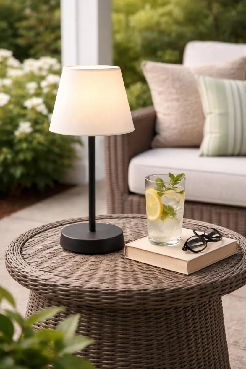A realistic photo of an outdoor porch side table with a cordless black metal lamp with a white shade, sitting next to a book and a glass of lemonade.