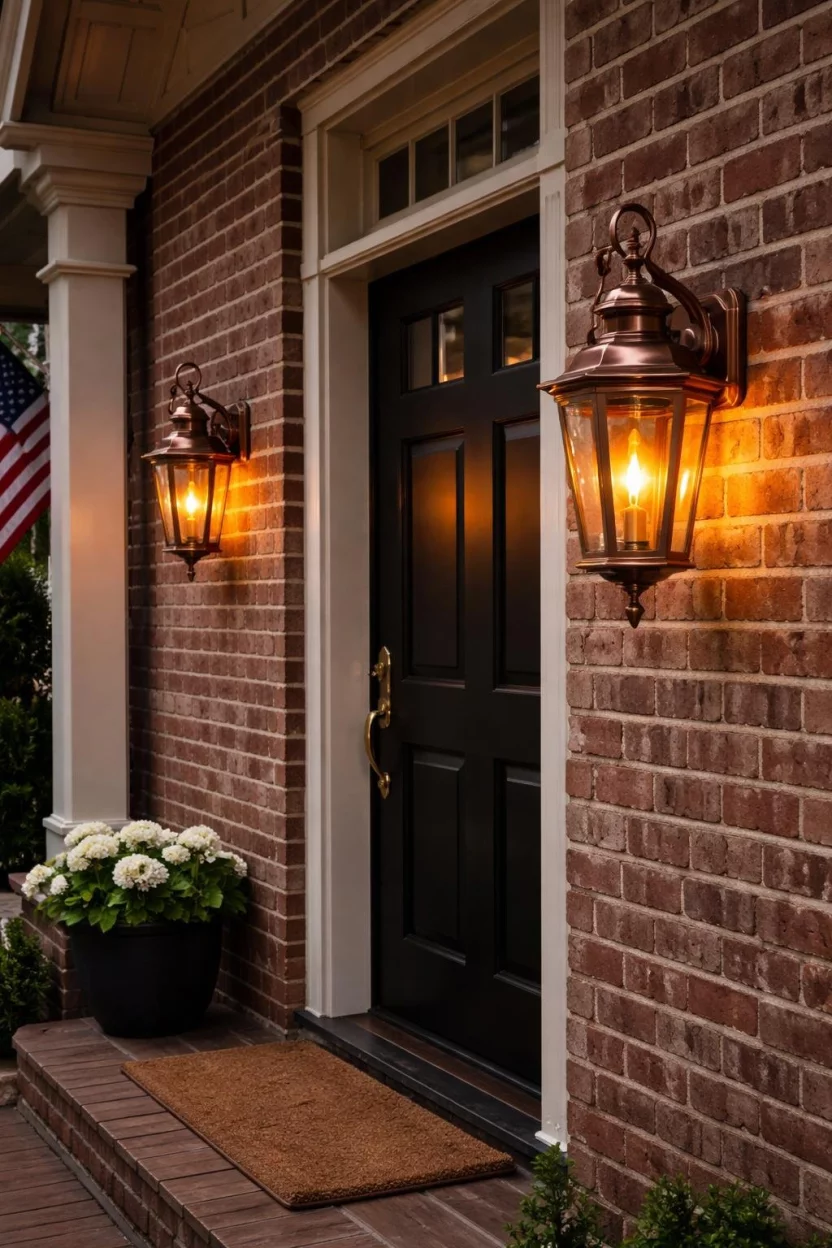 A realistic photo of a traditional brick porch with copper flickering flame effect lanterns mounted on the wall, showing an orange glow that mimics real fire against the red brick.