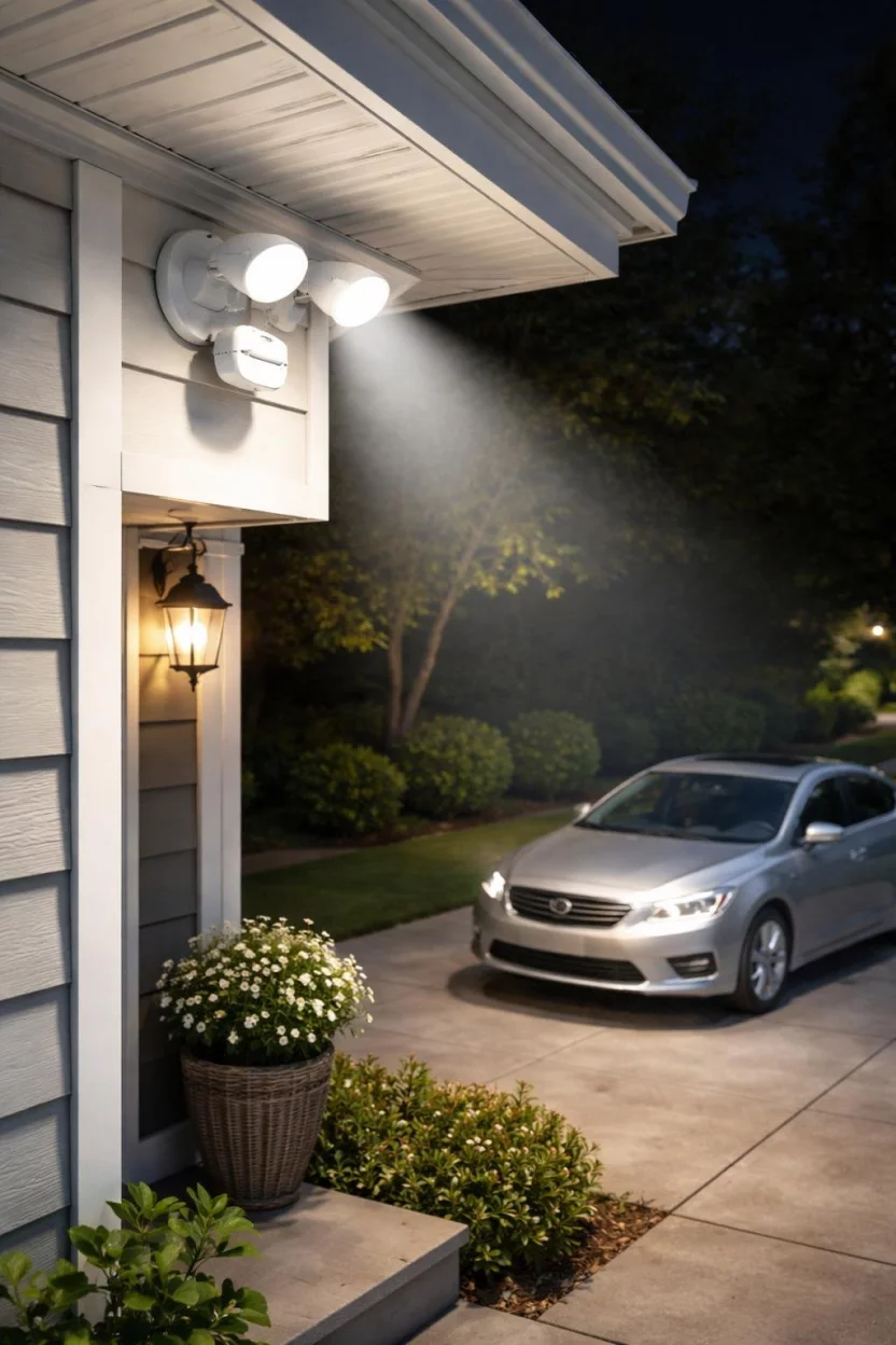A realistic photo of a porch corner with a white motion sensor security light mounted high up, casting a bright white light over a driveway and a parked silver car.