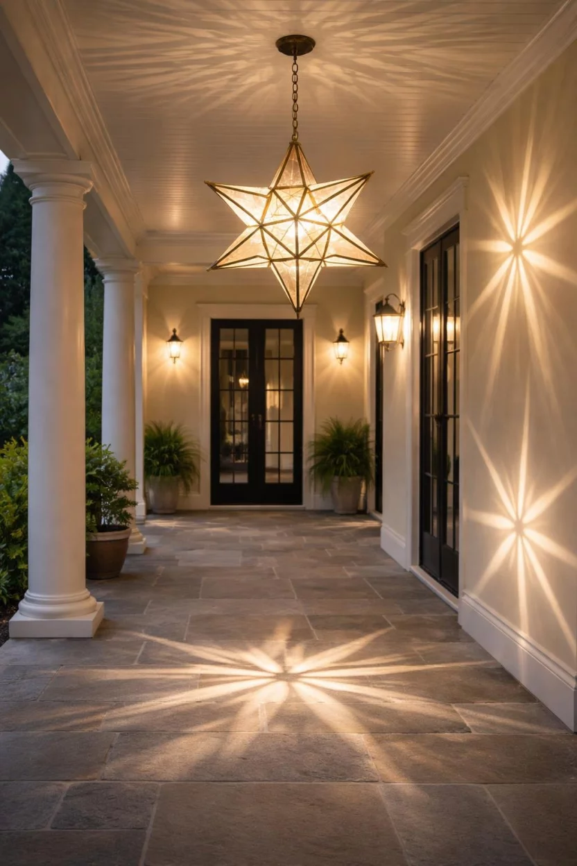 A realistic photo of a porch ceiling with a large polished brass star shaped lantern hanging from a chain, casting star shaped light patterns on the walls and floor.