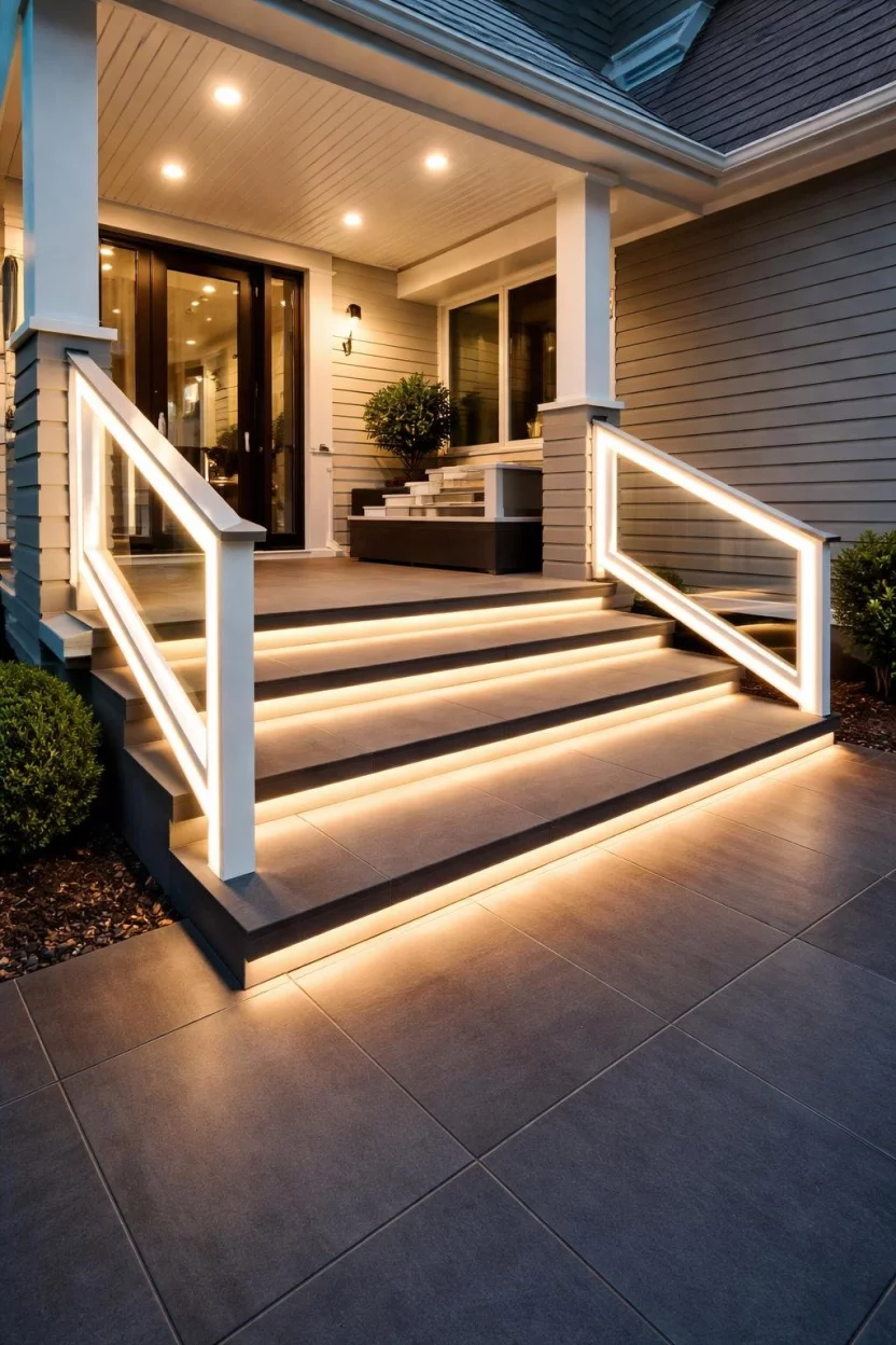 A realistic photo of a modern porch with white LED strip lights hidden under the lip of the stairs and along the railing, creating a futuristic glowing effect on the dark tile floor.