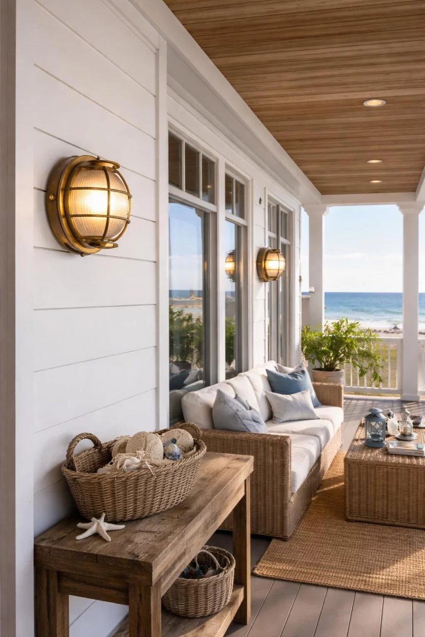 A realistic photo of a coastal porch with brass round bulkhead lights featuring a metal cage over the glass, mounted on a white shiplap wall.