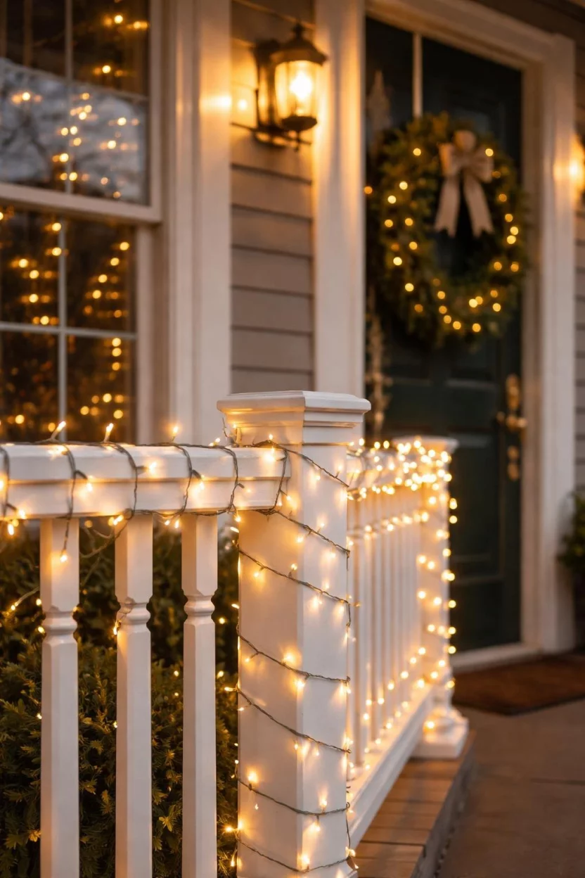 A realistic photo of a porch railing wrapped in tiny warm white fairy lights, with the lights reflecting off a glass window and a green wreath on the door.