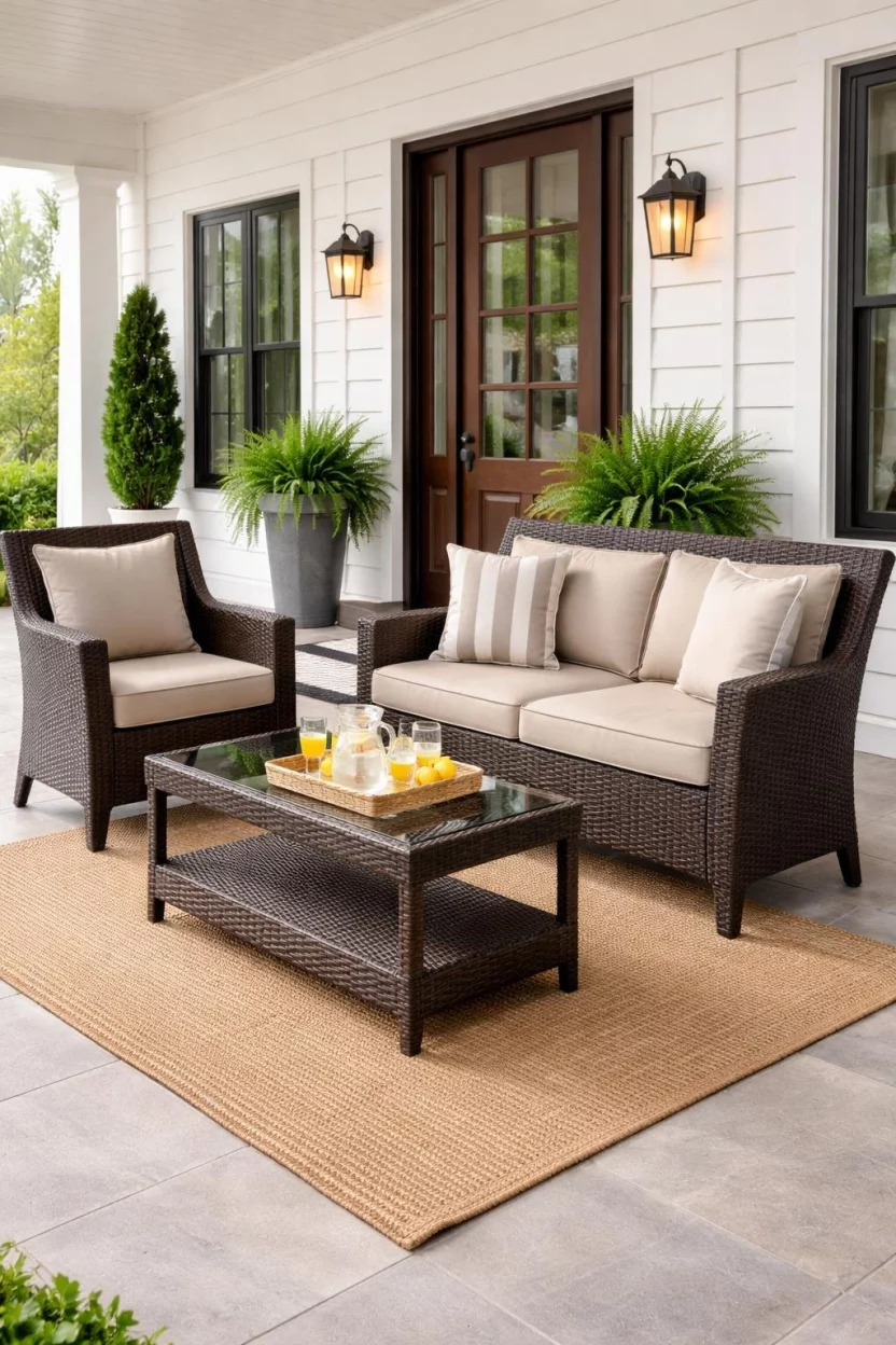 A realistic photo of a front porch with a dark brown resin wicker conversation set including two armchairs and a loveseat, beige seat cushions, a rectangular glass top coffee table, and a tray with lemonade glasses.