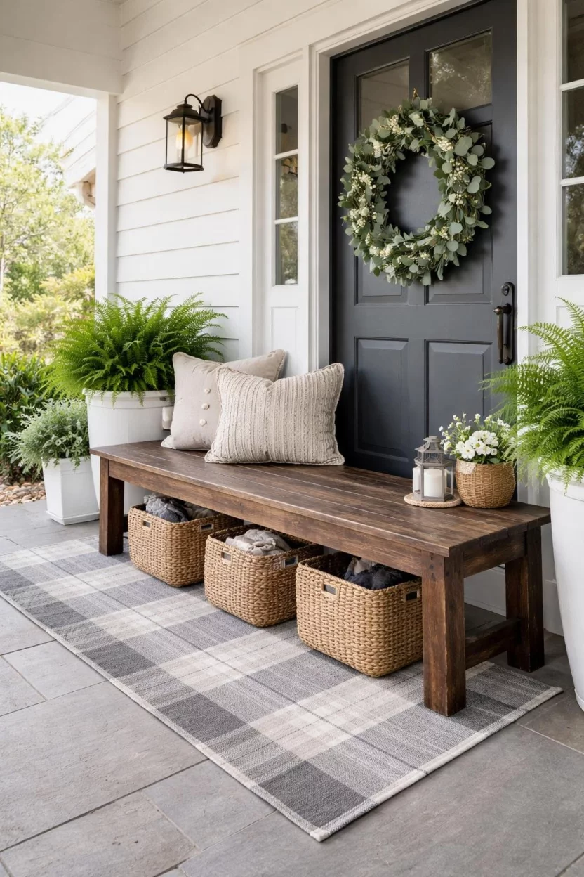 A realistic photo of a front porch with a long rustic dark wood farmhouse bench, a gray and white plaid outdoor runner, three woven baskets underneath for storage, and a large eucalyptus wreath on the front door.