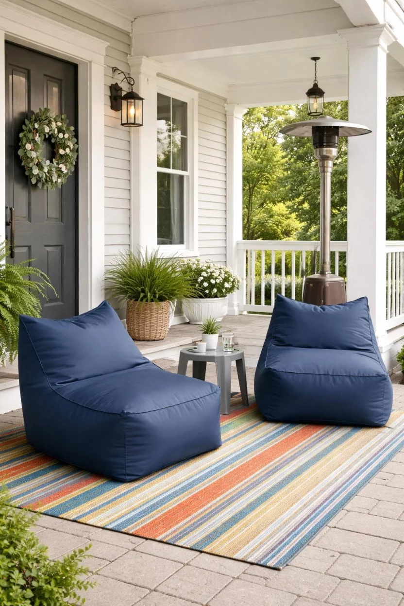 A realistic photo of a front porch featuring two large navy blue waterproof bean bag chairs, a small gray plastic side table, a colorful striped outdoor rug, and a tall outdoor heater.