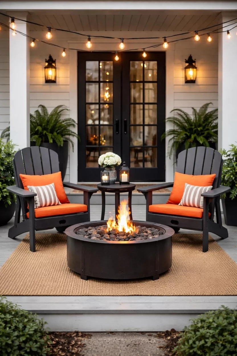 A realistic photo of a front porch featuring two sleek charcoal gray adirondack chairs made of poly lumber, a round black metal fire pit, orange outdoor cushions, and a string of Edison bulbs overhead.