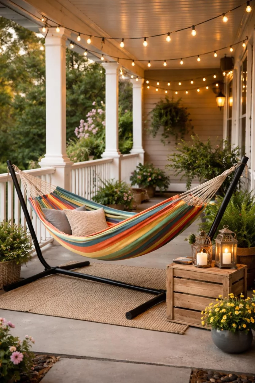 A realistic photo of a front porch with a striped colorful fabric hammock on a black metal stand, several soft pillows, a wooden crate used as a side table, and a string of fairy lights.
