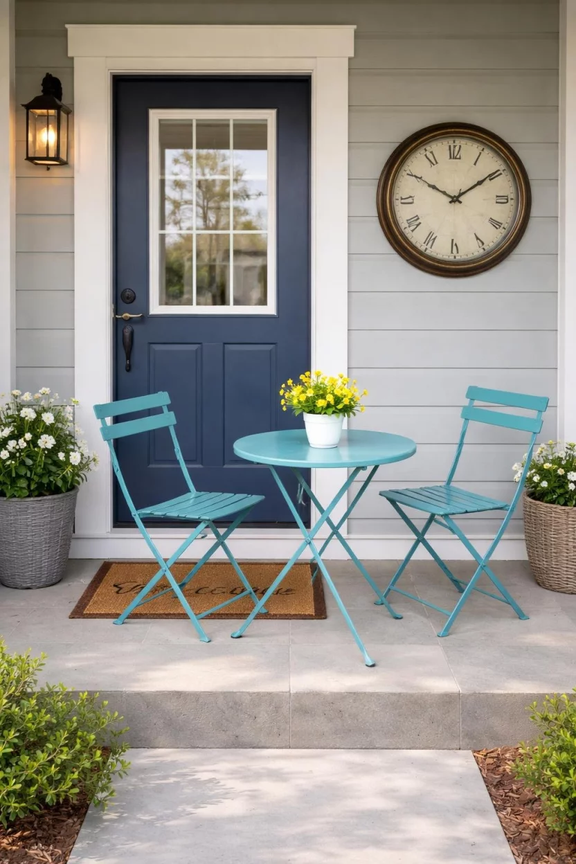 A realistic photo of a small front porch with a three piece turquoise metal bistro set, a small yellow flowering plant on the table, a woven welcome mat, and a decorative outdoor wall clock.