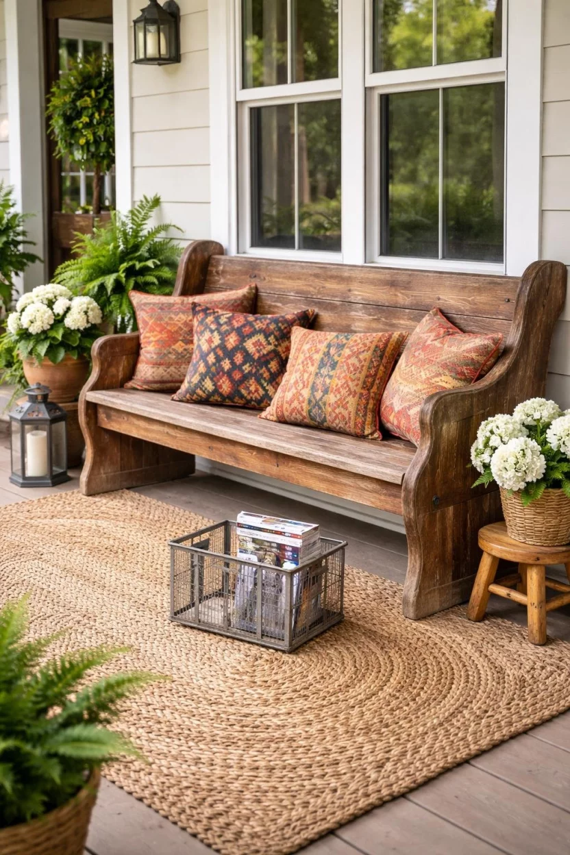 A realistic photo of a front porch with a vintage weathered wood church pew, several colorful kilim pillows, a large braided rug, and a vintage milk crate holding magazines.