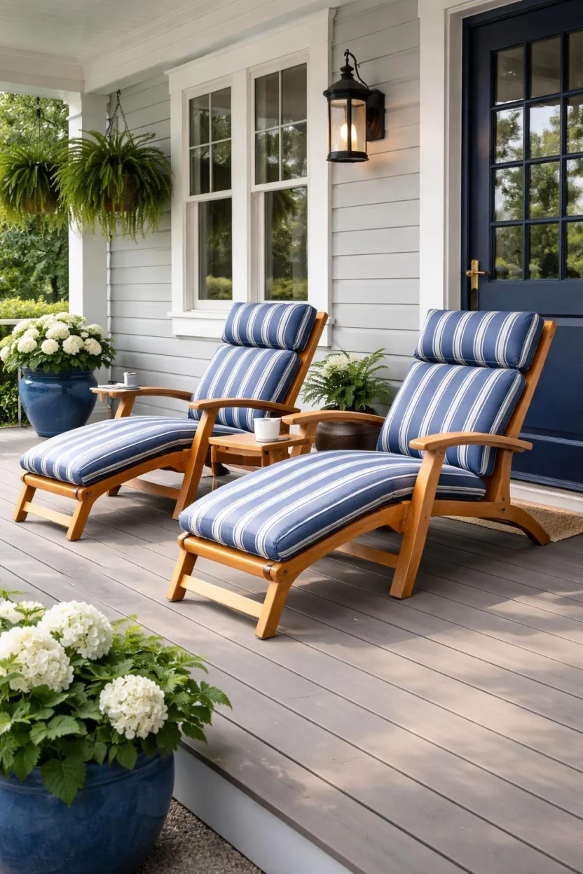 A realistic photo of a front porch with two luxury teak steamer chairs, blue striped cushions, an integrated pull out footrest, and a small teak side table with a book.