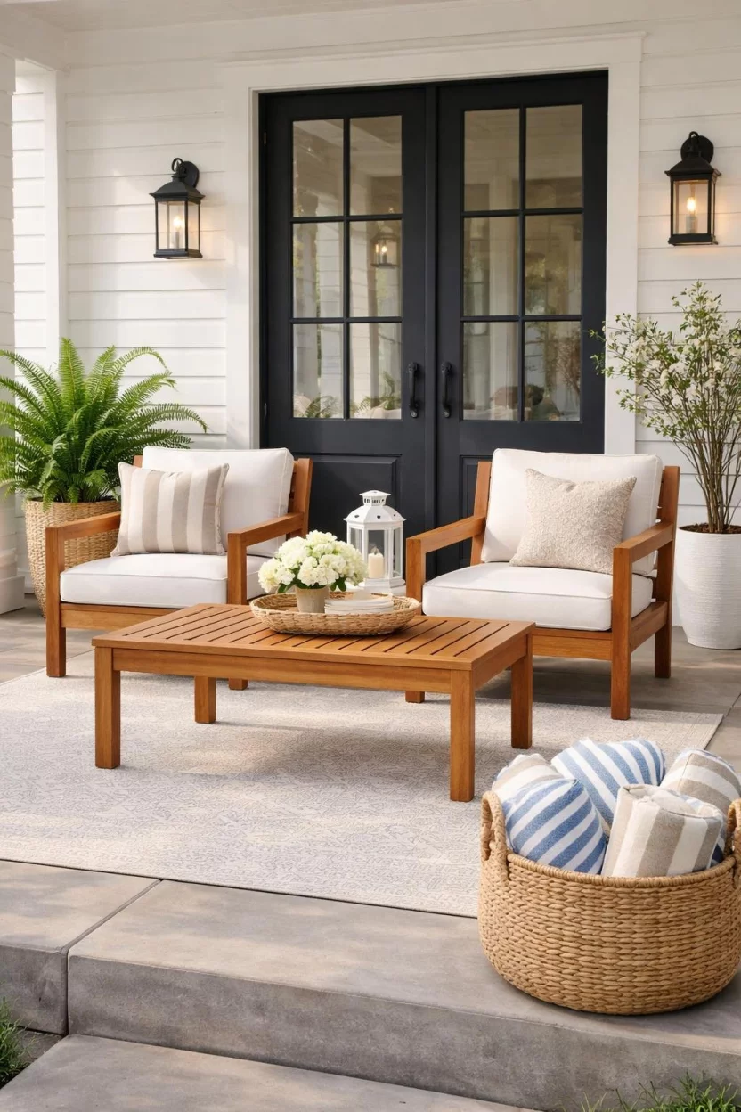A realistic photo of a front porch with two warm acacia wood armchairs, white seat cushions, a matching slat top coffee table, and a woven basket filled with rolled up striped towels.