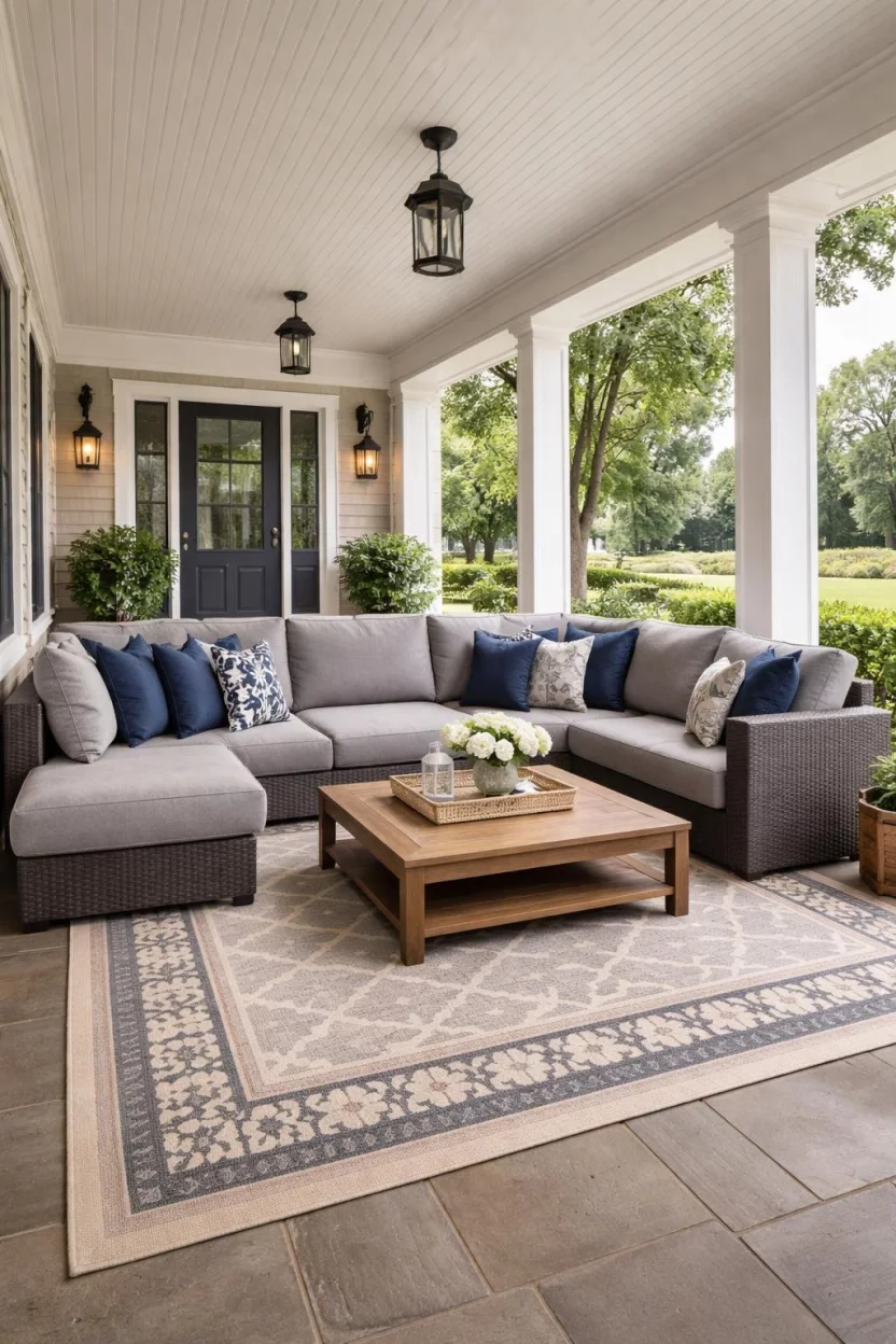 A realistic photo of a sprawling front porch with a large L shaped gray outdoor sectional sofa, navy blue accent pillows, a low wooden coffee table, and a large outdoor area rug with a geometric pattern.