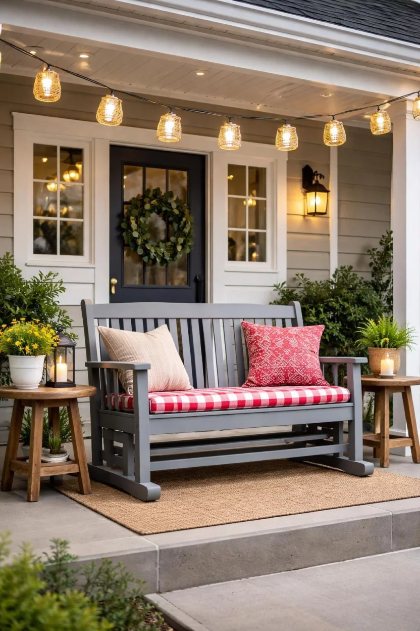 A realistic photo of a front porch with a gray wooden double glider bench, a red and white checkered cushion, two small wooden side tables, and a string of solar lanterns hanging from the eaves.