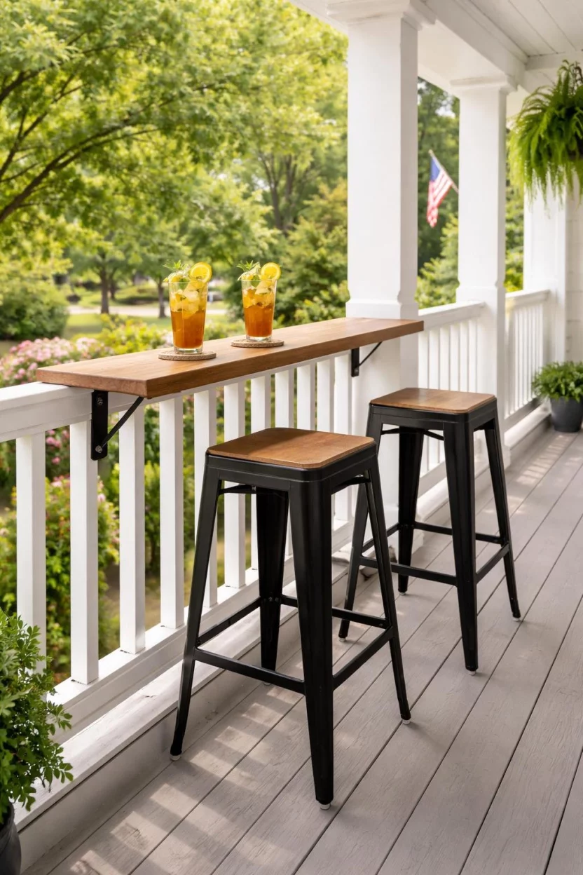 A realistic photo of a front porch with two black metal bar height stools, a narrow wood top bar table mounted to the porch railing, and two glasses of iced tea with lemon slices.