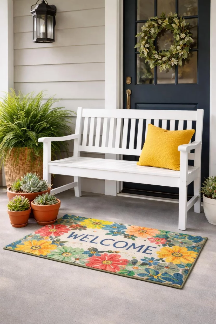 A realistic photo of a front porch with a classic white wooden slat bench, a bright yellow outdoor pillow, a collection of terracotta pots with succulents, and a colorful welcome mat.