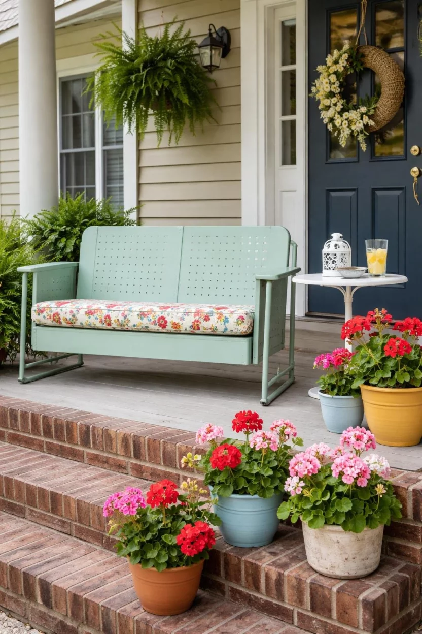 A realistic photo of a front porch with a retro mint green metal glider bench, a floral pattern seat pad, a small white metal pedestal table, and several colorful potted geraniums on the stairs.