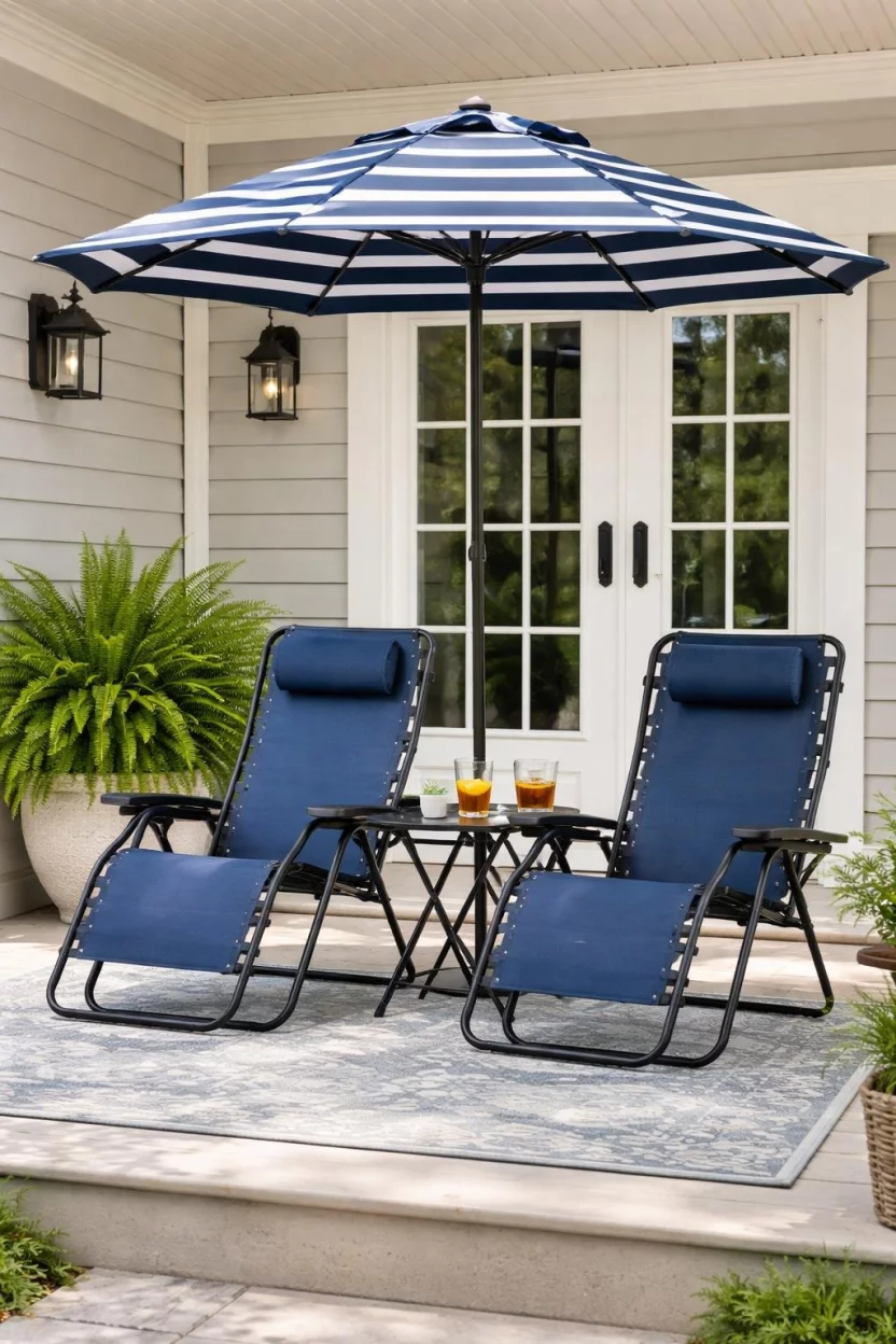 A realistic photo of a front porch featuring two navy blue zero gravity recliner chairs, a small portable folding table, a blue and white striped outdoor umbrella, and a large green fern.