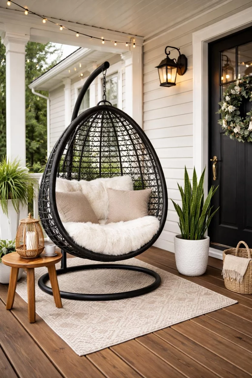 A realistic photo of a front porch with a bohemian style black teardrop hanging egg chair, a plush white faux fur cushion, a small round wooden side table, and a tall potted snake plant in a white ceramic pot.