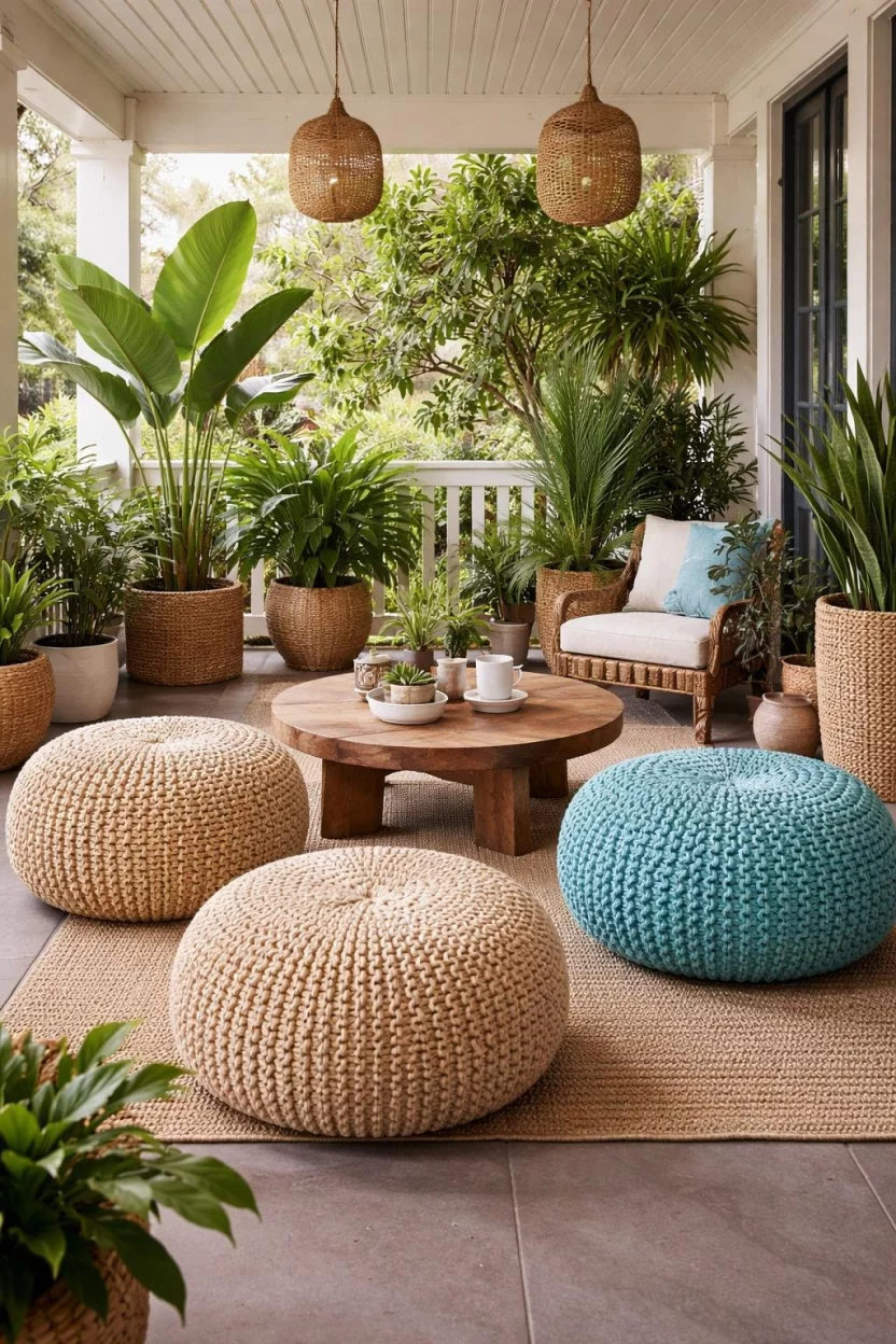 A realistic photo of a front porch with three large woven outdoor floor poufs in beige and turquoise, a low round wooden table, and many potted tropical plants in the background.