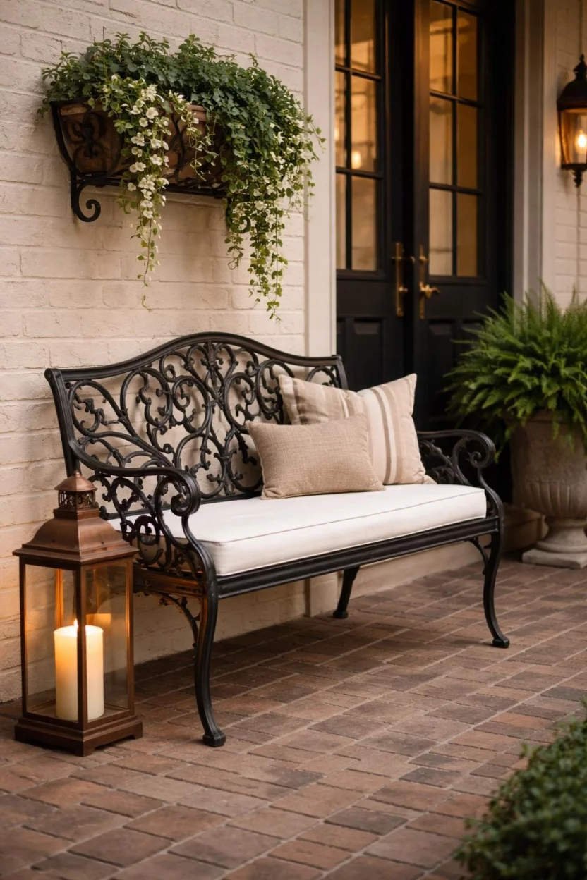 A realistic photo of a front porch with an ornate black wrought iron garden bench, a white seat cushion, a tall copper lantern with a flickering candle, and ivy trailing down from a wall planter.