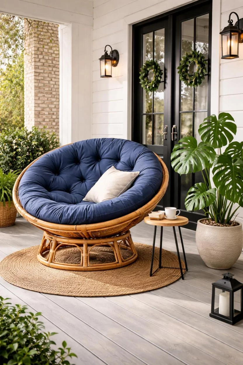 A realistic photo of a front porch with a large natural rattan papasan chair, a thick navy blue button tufted cushion, a small round jute rug, and a large monstera plant in a ceramic pot.