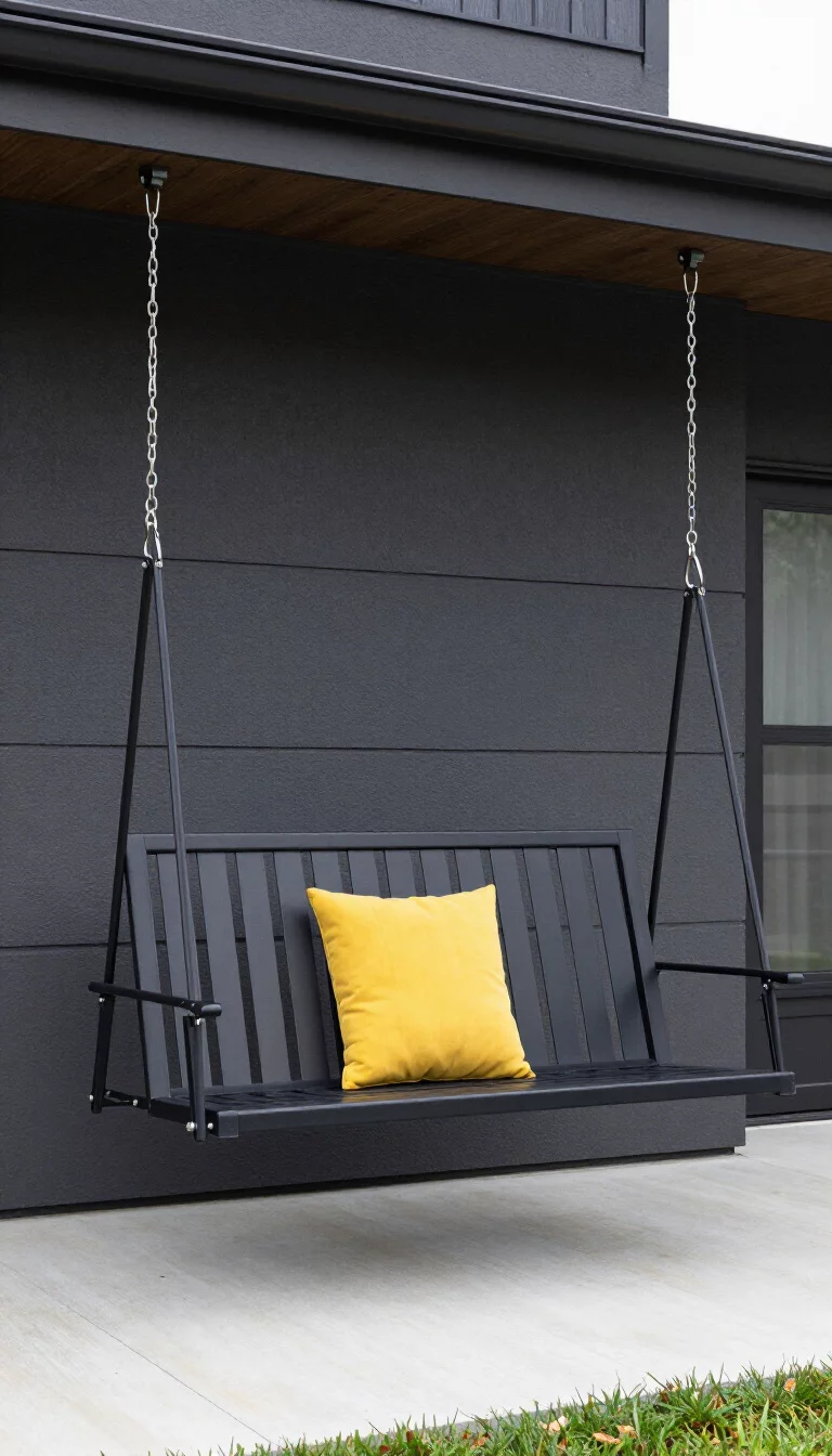 A realistic photo of a typical American home's contemporary dark facade with a sleek black metal swing featuring straight vertical slats, hung by thin black steel cables, decorated with a single bright yellow square cushion in a minimalist outdoor setting.