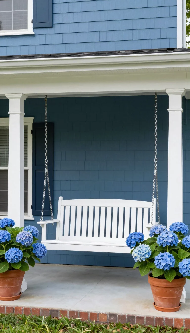 A realistic photo of a typical American home's blue clapboard exterior with a crisp white painted wooden swing, flanked by large terracotta pots overflowing with vibrant blue hydrangea blooms, under a porch roof with traditional white columns and clean lines.