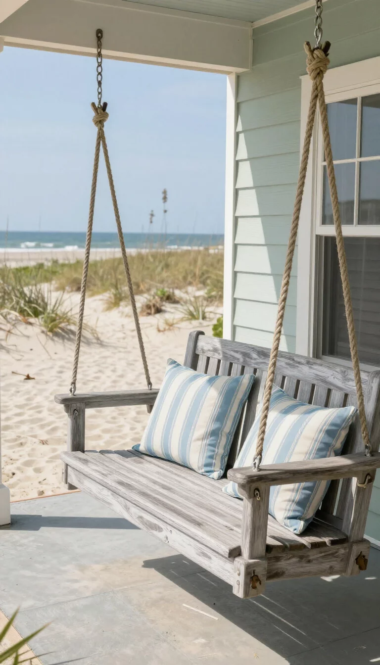 A realistic photo of a typical American home's seaside porch with a gray-stained wood swing hanging from thick tan nautical ropes, overlooking a sandy path with beach grass, featuring soft blue striped cushions and a clean weathered finish under bright sun.